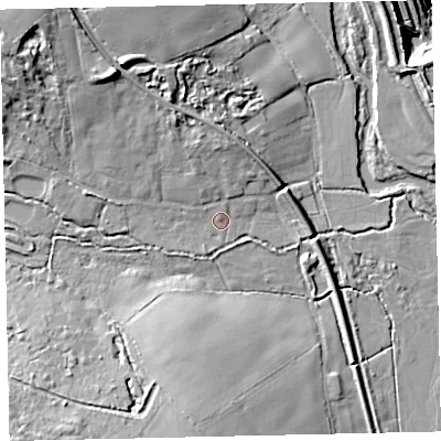 Shaded relief map of the ground around TQ126QW, computed from Environment Agency LiDAR. The ground here sits at about 9 m above sea level and falls 35 m across the surrounding 800 m. Surface water reaching this point runs off ground lying to the north-west, 13.5 m higher.