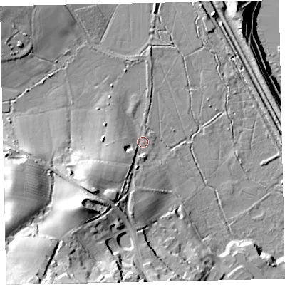 Shaded relief map of the ground around TQ126QX, computed from Environment Agency LiDAR. The ground here sits at about 4 m above sea level and falls 46 m across the surrounding 800 m. Surface water reaching this point runs off ground lying to the south-west, 16.0 m higher.
