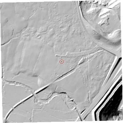 Shaded relief map of the ground around TQ126RD, computed from Environment Agency LiDAR. The ground here sits at about 25 m above sea level and falls 76 m across the surrounding 800 m. Surface water reaching this point runs off ground lying to the north, 1.5 m higher.