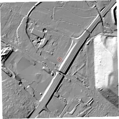 Shaded relief map of the ground around TQ126RG, computed from Environment Agency LiDAR. The ground here sits at about 19 m above sea level and falls 46 m across the surrounding 800 m. Surface water reaching this point runs off ground lying to the south, 10.3 m higher.