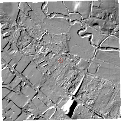 Shaded relief map of the ground around TQ126RH, computed from Environment Agency LiDAR. The ground here sits at about 20 m above sea level and falls 27 m across the surrounding 800 m. Surface water reaching this point runs off ground lying to the west-south-west, 9.3 m higher.