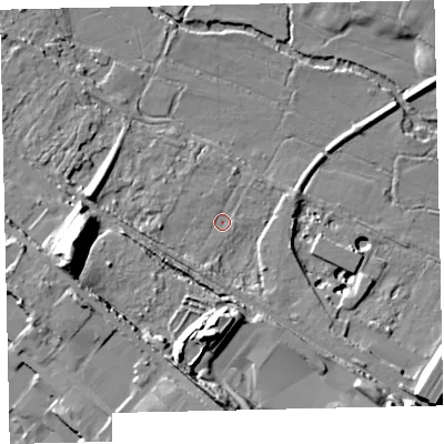 Shaded relief map of the ground around TQ126RQ, computed from Environment Agency LiDAR. The ground here sits at about 19 m above sea level and falls 30 m across the surrounding 800 m. Surface water reaching this point runs off ground lying to the west-south-west, 6.0 m higher.