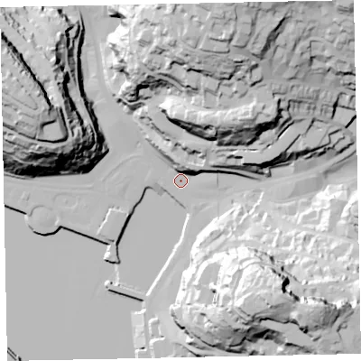 Shaded relief map of the ground around TQ12AA, computed from Environment Agency LiDAR. The ground here sits at about 4 m above sea level and falls 82 m across the surrounding 800 m. Surface water reaching this point runs off ground lying to the south-east, 71.5 m higher.