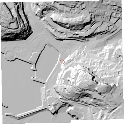 Shaded relief map of the ground around TQ12BB, computed from Environment Agency LiDAR. The ground here sits at about 4 m above sea level and falls 77 m across the surrounding 800 m. Surface water reaching this point runs off ground lying to the south-south-east, 53.6 m higher.