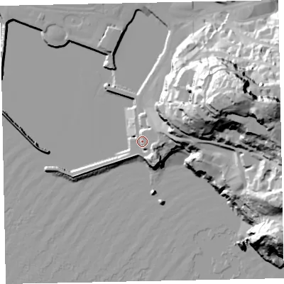 Shaded relief map of the ground around TQ12BG, computed from Environment Agency LiDAR. The ground here sits at about 10 m above sea level and falls 77 m across the surrounding 800 m. Surface water reaching this point runs off ground lying to the east-south-east, 9.4 m higher.