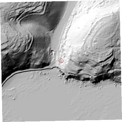 Shaded relief map of the ground around TQ12HX, computed from Environment Agency LiDAR. The ground here sits at about 20 m above sea level and falls 120 m across the surrounding 800 m. Surface water reaching this point runs off ground lying to the east, 28.4 m higher.
