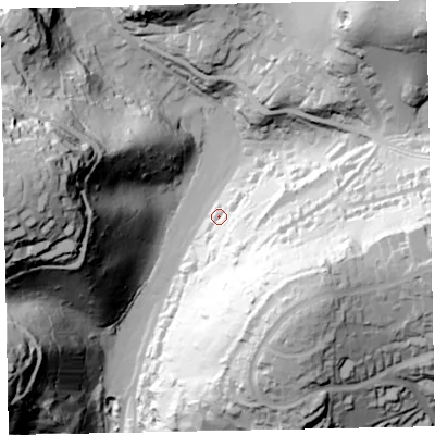 Shaded relief map of the ground around TQ12HY, computed from Environment Agency LiDAR. The ground here sits at about 29 m above sea level and falls 103 m across the surrounding 800 m. Surface water reaching this point runs off ground lying to the south-east, 76.4 m higher.