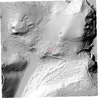 Shaded relief map of the ground around TQ12PN, computed from Environment Agency LiDAR. The ground here sits at about 53 m above sea level and falls 110 m across the surrounding 800 m. Surface water reaching this point runs off ground lying to the east-north-east, 18.4 m higher.