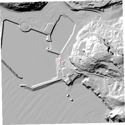 Shaded relief map of the ground around TQ12RD, computed from Environment Agency LiDAR. The ground here sits at about 8 m above sea level and falls 77 m across the surrounding 800 m. Surface water reaching this point runs off ground lying to the east, 47.4 m higher.