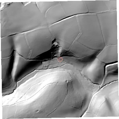 Shaded relief map of the ground around TQ130AB, computed from Environment Agency LiDAR. The ground here sits at about 93 m above sea level and falls 80 m across the surrounding 800 m. Surface water reaching this point runs off ground lying to the north-north-east, 66.5 m higher.
