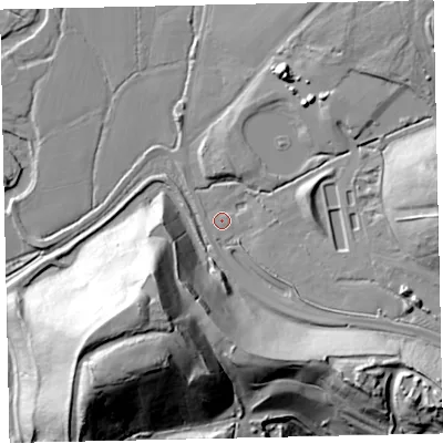 Shaded relief map of the ground around TQ130AN, computed from Environment Agency LiDAR. The ground here sits at about 13 m above sea level and falls 53 m across the surrounding 800 m. Surface water reaching this point runs off ground lying to the east, 28.9 m higher.