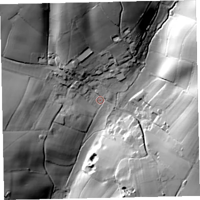 Shaded relief map of the ground around TQ130BE, computed from Environment Agency LiDAR. The ground here sits at about 85 m above sea level and falls 61 m across the surrounding 800 m. Surface water reaching this point runs off ground lying to the north, 46.1 m higher.