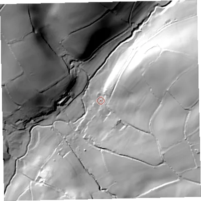 Shaded relief map of the ground around TQ130BN, computed from Environment Agency LiDAR. The ground here sits at about 98 m above sea level and falls 73 m across the surrounding 800 m. Surface water reaching this point runs off ground lying to the east-north-east, 58.8 m higher.