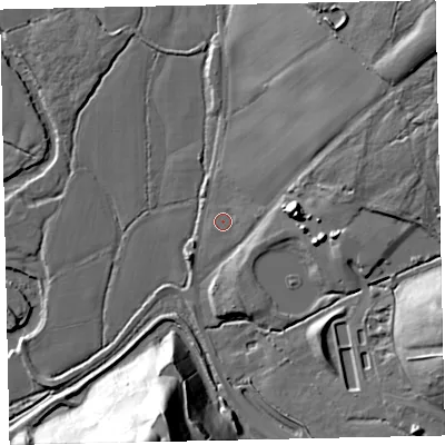 Shaded relief map of the ground around TQ130BY, computed from Environment Agency LiDAR. The ground here sits at about 13 m above sea level and falls 45 m across the surrounding 800 m. Surface water reaching this point runs off ground lying to the east, 2.6 m higher.