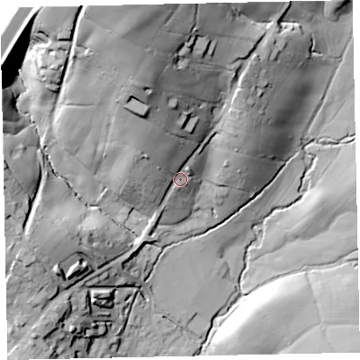 Shaded relief map of the ground around TQ130DD, computed from Environment Agency LiDAR. The ground here sits at about 74 m above sea level and falls 56 m across the surrounding 800 m. Surface water reaching this point runs off ground lying to the north-north-west, 39.2 m higher.