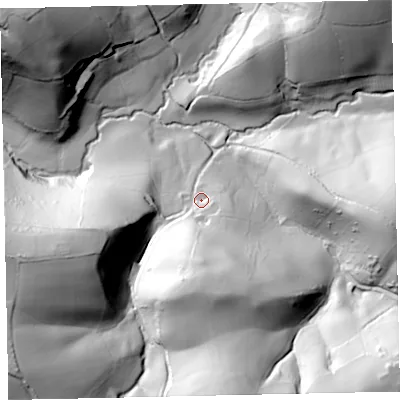 Shaded relief map of the ground around TQ130DT, computed from Environment Agency LiDAR. The ground here sits at about 72 m above sea level and falls 82 m across the surrounding 800 m. Surface water reaching this point runs off ground lying to the south, 49.1 m higher.
