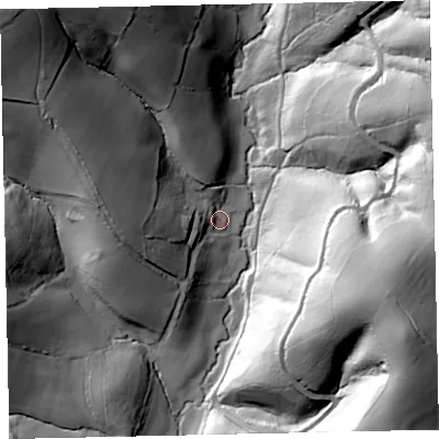 Shaded relief map of the ground around TQ130DU, computed from Environment Agency LiDAR. The ground here sits at about 75 m above sea level and falls 78 m across the surrounding 800 m. Surface water reaching this point runs off ground lying to the north-west, 69.2 m higher.