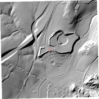 Shaded relief map of the ground around TQ130DZ, computed from Environment Agency LiDAR. The ground here sits at about 97 m above sea level and falls 45 m across the surrounding 800 m. Surface water reaching this point runs off ground lying to the north, 7.5 m higher.
