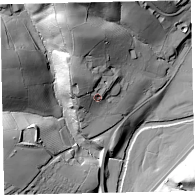 Shaded relief map of the ground around TQ130EL, computed from Environment Agency LiDAR. The ground here sits at about 38 m above sea level and falls 53 m across the surrounding 800 m. Surface water reaching this point runs off ground lying to the north-west, 15.6 m higher.
