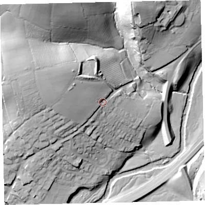 Shaded relief map of the ground around TQ130EN, computed from Environment Agency LiDAR. The ground here sits at about 34 m above sea level and falls 50 m across the surrounding 800 m. Surface water reaching this point runs off ground lying to the west-north-west, 16.8 m higher.