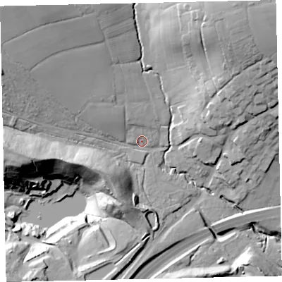 Shaded relief map of the ground around TQ130FE, computed from Environment Agency LiDAR. The ground here sits at about 24 m above sea level and falls 40 m across the surrounding 800 m. Surface water reaching this point runs off ground lying to the west, 22.8 m higher.
