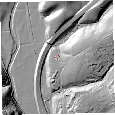 Shaded relief map of the ground around TQ130FZ, computed from Environment Agency LiDAR. The ground here sits at about 34 m above sea level and falls 51 m across the surrounding 800 m. Surface water reaching this point runs off ground lying to the east, 12.9 m higher.