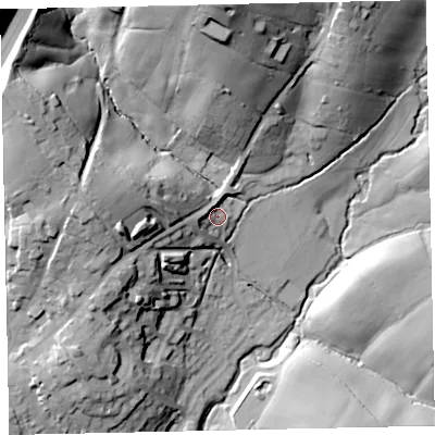 Shaded relief map of the ground around TQ130GA, computed from Environment Agency LiDAR. The ground here sits at about 66 m above sea level and falls 46 m across the surrounding 800 m. Surface water reaching this point runs off ground lying to the west, 6.7 m higher.