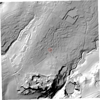 Shaded relief map of the ground around TQ130JJ, computed from Environment Agency LiDAR. The ground here sits at about 59 m above sea level and falls 91 m across the surrounding 800 m. Surface water reaching this point runs off ground lying to the north-west, 12.0 m higher.