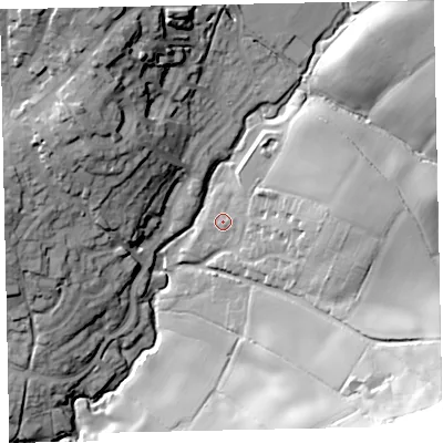 Shaded relief map of the ground around TQ130LR, computed from Environment Agency LiDAR. The ground here sits at about 58 m above sea level and falls 65 m across the surrounding 800 m. Surface water reaching this point runs off ground lying to the east, 15.4 m higher.