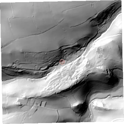 Shaded relief map of the ground around TQ130LX, computed from Environment Agency LiDAR. The ground here sits at about 75 m above sea level and falls 105 m across the surrounding 800 m. Surface water reaching this point runs off ground lying to the north-north-west, 70.8 m higher.
