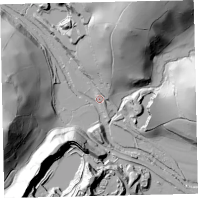 Shaded relief map of the ground around TQ130NJ, computed from Environment Agency LiDAR. The ground here sits at about 31 m above sea level and falls 78 m across the surrounding 800 m. Surface water reaching this point runs off ground lying to the west-south-west, 75.7 m higher.