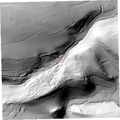 Shaded relief map of the ground around TQ130NR, computed from Environment Agency LiDAR. The ground here sits at about 77 m above sea level and falls 104 m across the surrounding 800 m. Surface water reaching this point runs off ground lying to the north-north-west, 65.9 m higher.