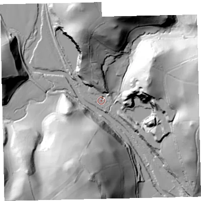 Shaded relief map of the ground around TQ130NT, computed from Environment Agency LiDAR. The ground here sits at about 30 m above sea level and falls 65 m across the surrounding 800 m. Surface water reaching this point runs off ground lying to the north, 13.6 m higher.
