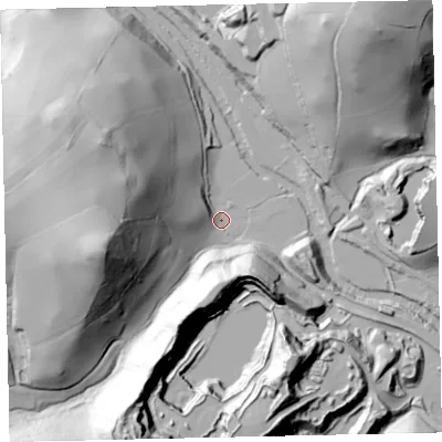 Shaded relief map of the ground around TQ130NU, computed from Environment Agency LiDAR. The ground here sits at about 29 m above sea level and falls 77 m across the surrounding 800 m. Surface water reaching this point runs off ground lying to the west, 18.9 m higher.