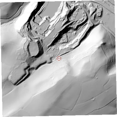 Shaded relief map of the ground around TQ130NX, computed from Environment Agency LiDAR. The ground here sits at about 64 m above sea level and falls 110 m across the surrounding 800 m. Surface water reaching this point runs off ground lying to the south-west, 71.8 m higher.