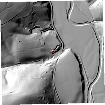 Shaded relief map of the ground around TQ130NY, computed from Environment Agency LiDAR. The ground here sits at about 32 m above sea level and falls 91 m across the surrounding 800 m. Surface water reaching this point runs off ground lying to the south-south-west, 82.3 m higher.