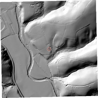 Shaded relief map of the ground around TQ130NZ, computed from Environment Agency LiDAR. The ground here sits at about 36 m above sea level and falls 72 m across the surrounding 800 m. Surface water reaching this point runs off ground lying to the north, 6.5 m higher.