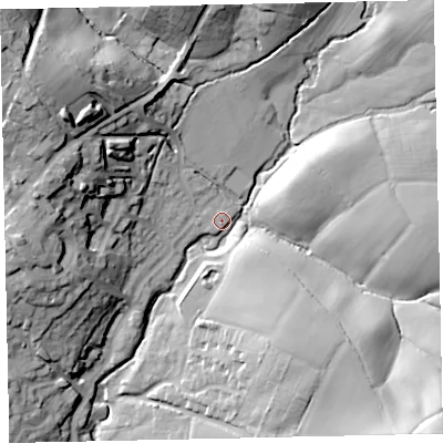Shaded relief map of the ground around TQ130PD, computed from Environment Agency LiDAR. The ground here sits at about 59 m above sea level and falls 38 m across the surrounding 800 m. Surface water reaching this point runs off ground lying to the south-east, 30.2 m higher.
