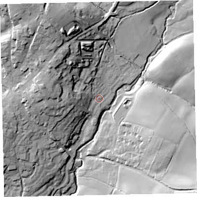 Shaded relief map of the ground around TQ130PG, computed from Environment Agency LiDAR. The ground here sits at about 59 m above sea level and falls 39 m across the surrounding 800 m. Surface water reaching this point runs off ground lying to the north-west, 21.1 m higher.