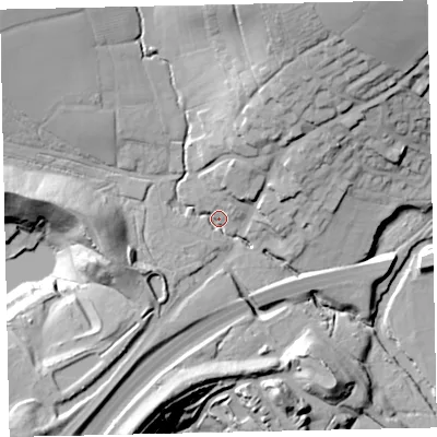 Shaded relief map of the ground around TQ130PX, computed from Environment Agency LiDAR. The ground here sits at about 21 m above sea level and falls 45 m across the surrounding 800 m. Surface water reaching this point runs off ground lying to the north-north-east, 29.7 m higher.