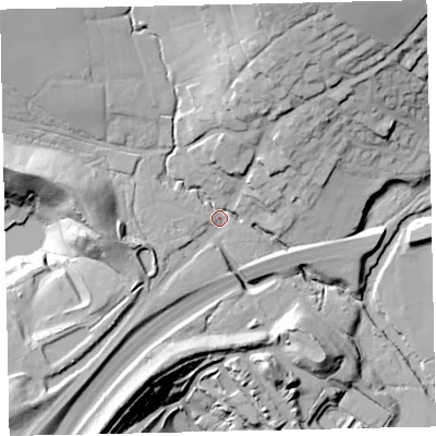 Shaded relief map of the ground around TQ130PY, computed from Environment Agency LiDAR. The ground here sits at about 20 m above sea level and falls 47 m across the surrounding 800 m. Surface water reaching this point runs off ground lying to the north-north-east, 28.6 m higher.