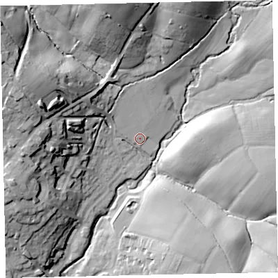 Shaded relief map of the ground around TQ130QN, computed from Environment Agency LiDAR. The ground here sits at about 61 m above sea level and falls 37 m across the surrounding 800 m. Surface water reaching this point runs off ground lying to the north-north-west, 3.6 m higher.