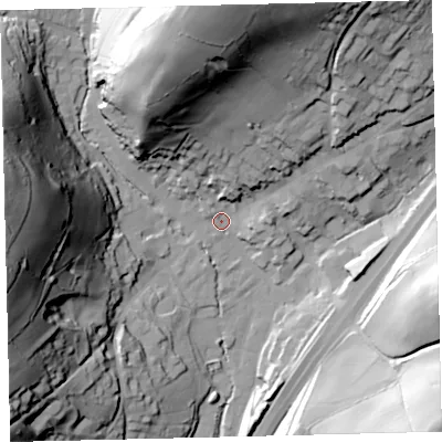Shaded relief map of the ground around TQ137AD, computed from Environment Agency LiDAR. The ground here sits at about 72 m above sea level and falls 80 m across the surrounding 800 m. Surface water reaching this point runs off ground lying to the north, 67.8 m higher.