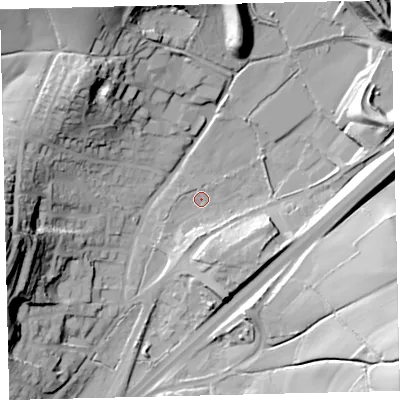 Shaded relief map of the ground around TQ137BP, computed from Environment Agency LiDAR. The ground here sits at about 88 m above sea level and falls 45 m across the surrounding 800 m. Surface water reaching this point runs off ground lying to the north-east, 31.6 m higher.