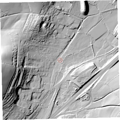 Shaded relief map of the ground around TQ137BW, computed from Environment Agency LiDAR. The ground here sits at about 87 m above sea level and falls 54 m across the surrounding 800 m. Surface water reaching this point runs off ground lying to the north-north-west, 29.4 m higher.