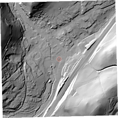Shaded relief map of the ground around TQ137DF, computed from Environment Agency LiDAR. The ground here sits at about 69 m above sea level and falls 76 m across the surrounding 800 m. Surface water reaching this point runs off ground lying to the west-north-west, 67.6 m higher.
