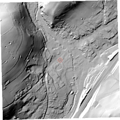 Shaded relief map of the ground around TQ137DT, computed from Environment Agency LiDAR. The ground here sits at about 72 m above sea level and falls 90 m across the surrounding 800 m. Surface water reaching this point runs off ground lying to the west, 82.3 m higher.