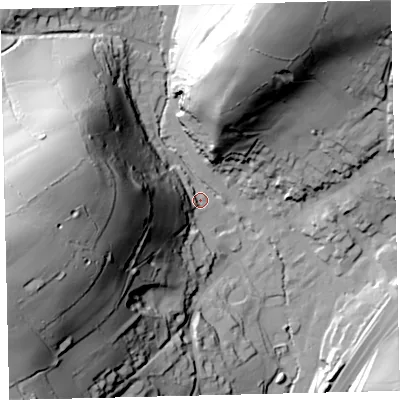 Shaded relief map of the ground around TQ137DY, computed from Environment Agency LiDAR. The ground here sits at about 75 m above sea level and falls 95 m across the surrounding 800 m. Surface water reaching this point runs off ground lying to the west, 76.6 m higher.
