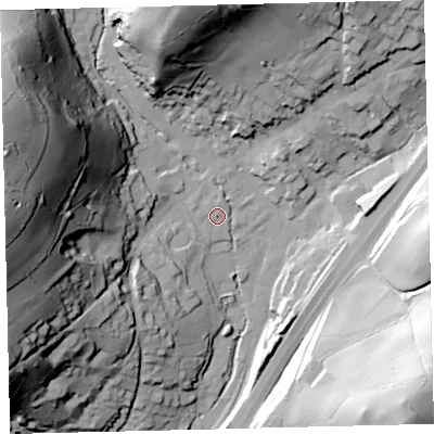 Shaded relief map of the ground around TQ137EG, computed from Environment Agency LiDAR. The ground here sits at about 72 m above sea level and falls 86 m across the surrounding 800 m. Surface water reaching this point runs off ground lying to the west, 76.1 m higher.