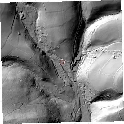 Shaded relief map of the ground around TQ137FG, computed from Environment Agency LiDAR. The ground here sits at about 134 m above sea level and falls 114 m across the surrounding 800 m. Surface water reaching this point runs off ground lying to the north-west, 66.1 m higher.
